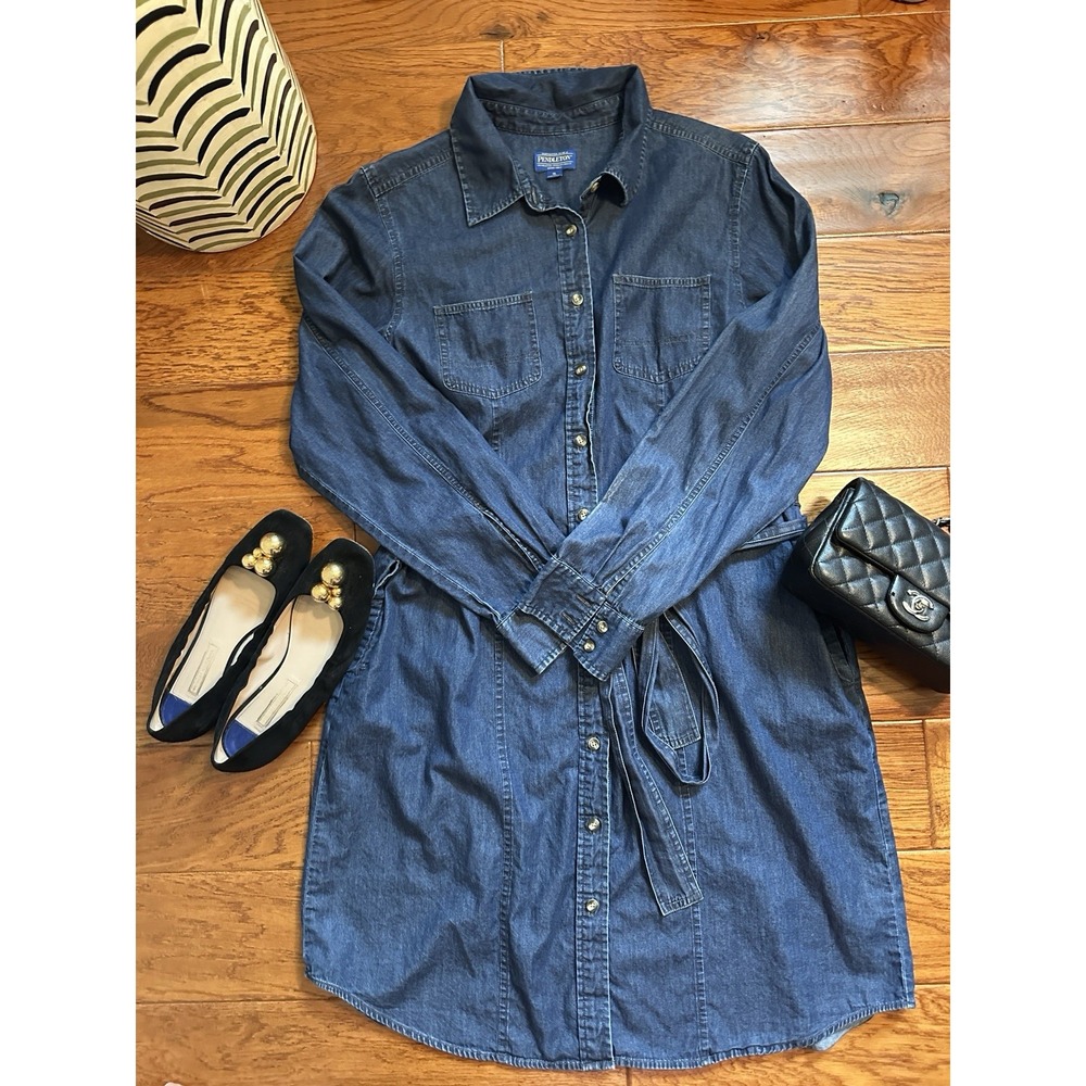 Pendleton Womens XL Denim Shirt Dress Long Sleeve Belted Blue Cotton